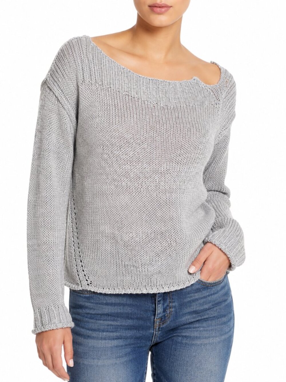 Brochu Walker 100% Linen Off Shoulder Oversized Sweater Heather Gray M